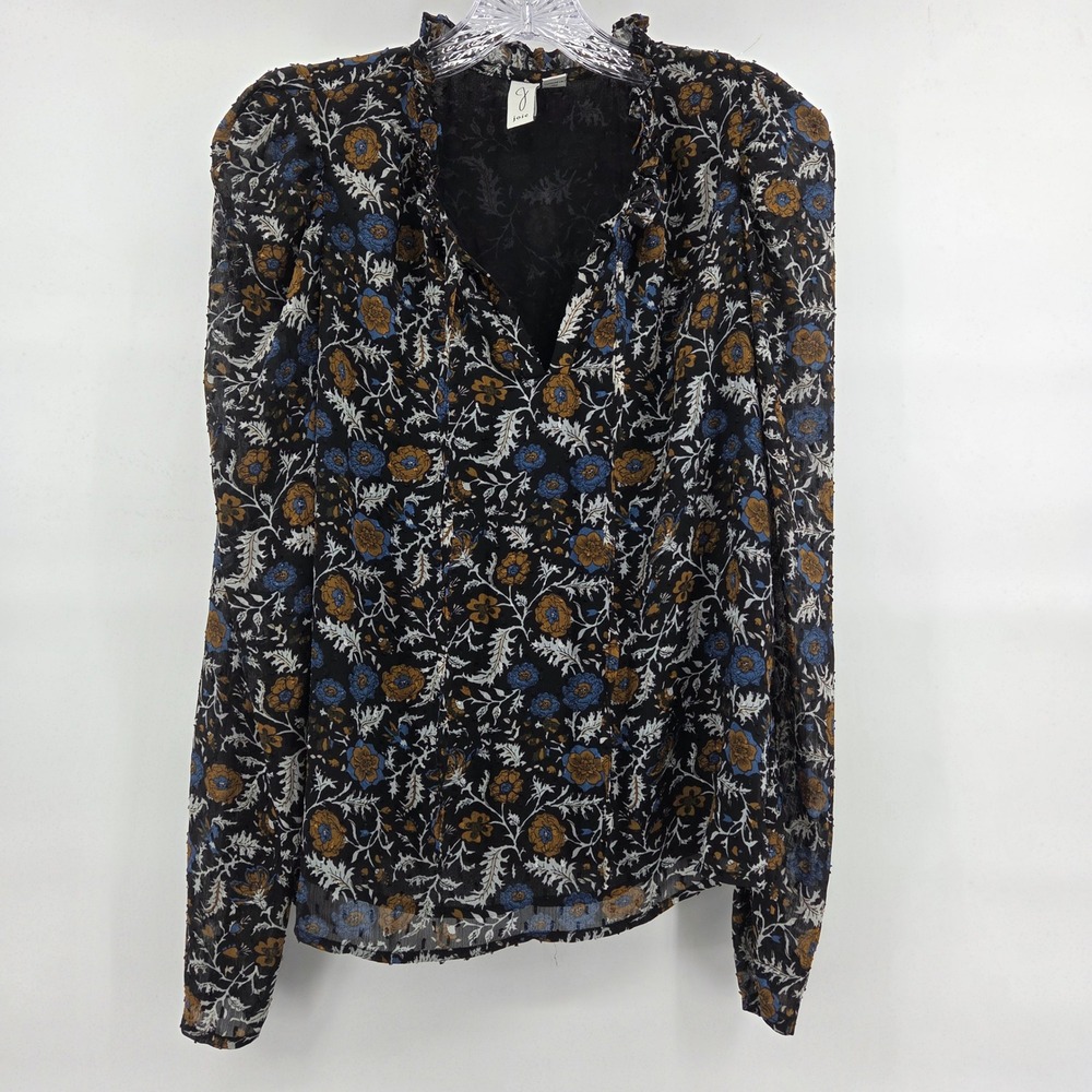 Joie Floral Chiffon Blouse XS Black Blue Mustard Clip Dot Boho Eclectic Romantic